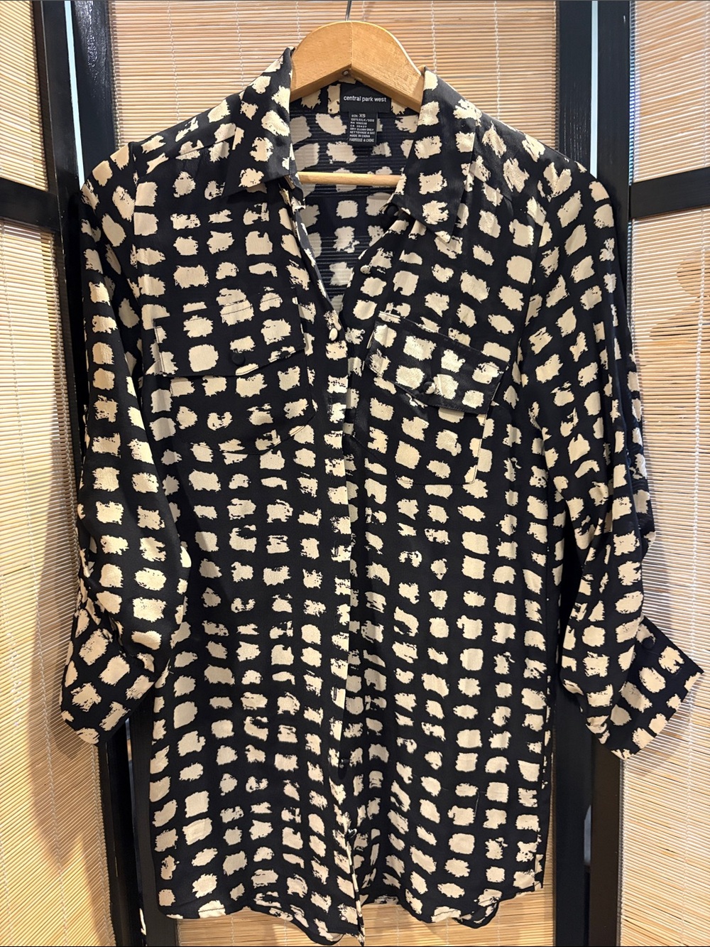 Central Park West Silk Black and Cream Printed Button-Down Shirt